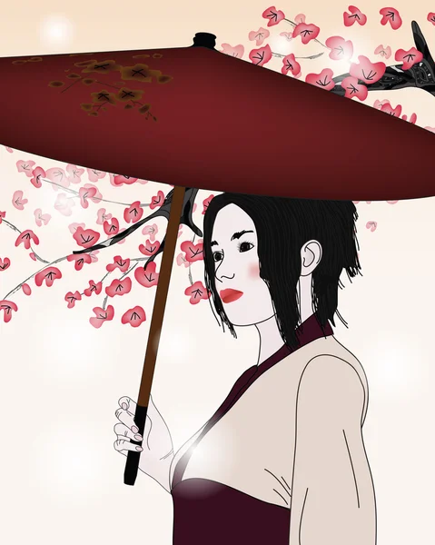 Portrait of a geisha with umbrella — Stock Vector