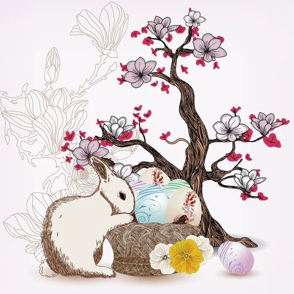 Lente scène met konijn en magnolia boom — Stockvector