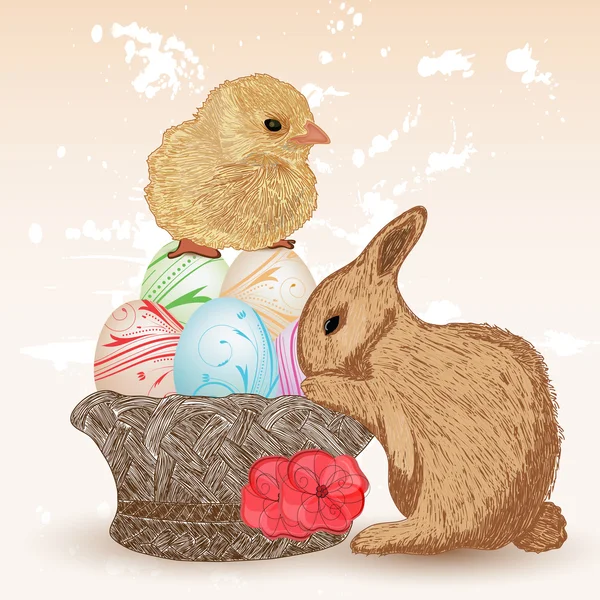 Tavşan ve civciv ile tatlı Paskalya sahne — Stok Vektör