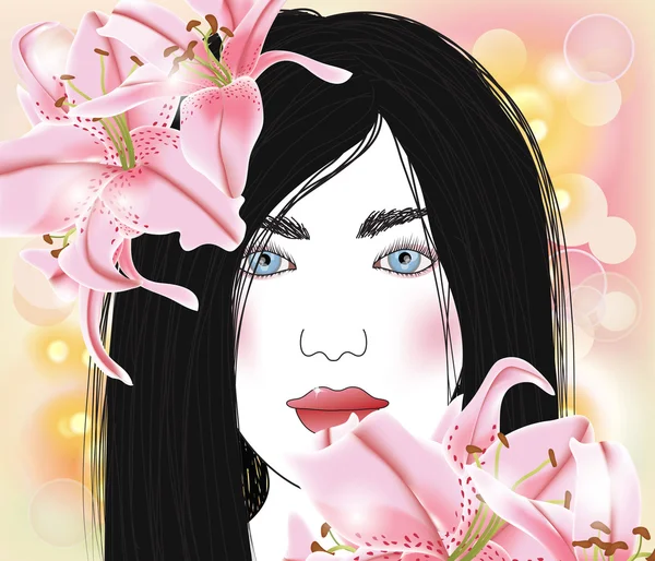 Beautiful woman with lilies — Stock Vector