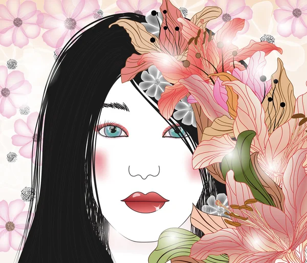 Porträt einer schönen Brünette mit Blumen — Stockvektor