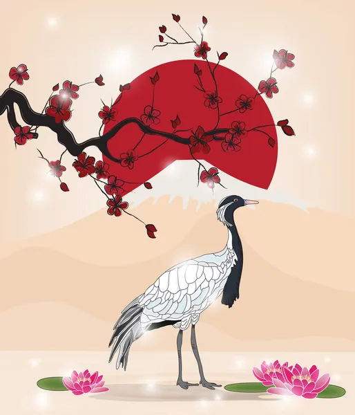Imagem oriental bonita com ramo sakura e guindaste —  Vetores de Stock