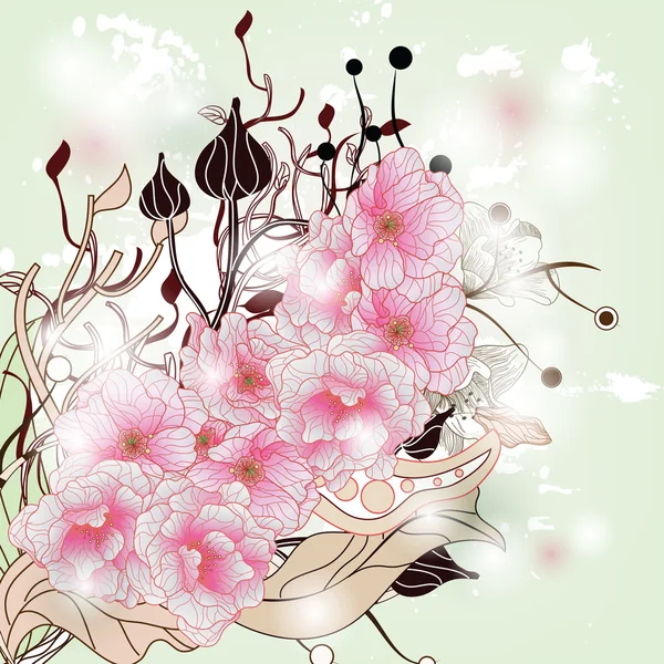 Ветвь цветения сакуры с растениями и растительностью — стоковый вектор
