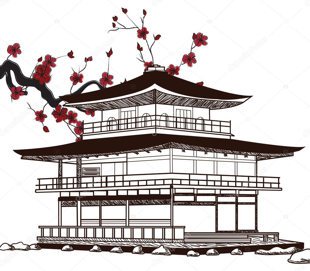 Japanese Temple Pagoda House Sketch Engraving Stock Vector - Illustration  of black, asia: 161851504