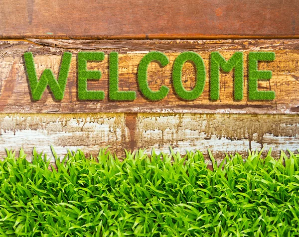 Green grass welcome word on wood background — Stock Photo, Image