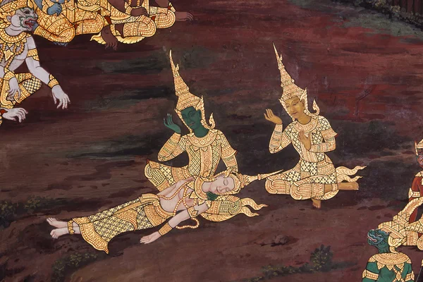 Hagyományos thai stílus festés, templom falán — Stock Fotó