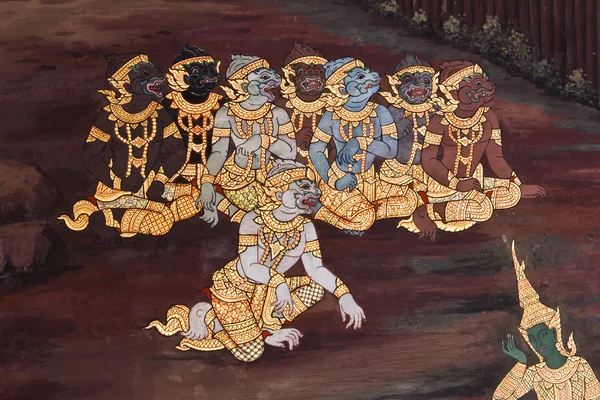 Παραδοσιακό ταϊλανδέζικο στιλ ζωγραφική στον τοίχο του ναού — Φωτογραφία Αρχείου