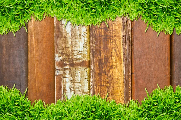 木製の背景に緑の草 — ストック写真