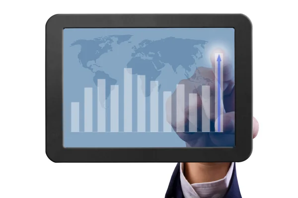 Hand pointing higher graph on tablet PC — Stock Photo, Image