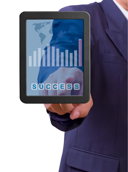 Hand pointing to success word on touch pad — Stock Photo, Image