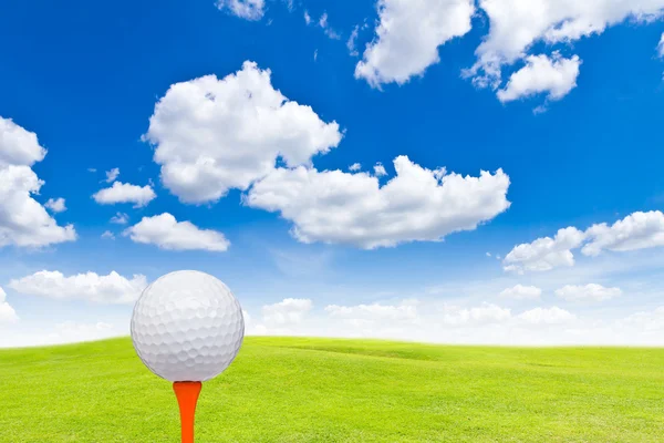 Bola de golfe e tee na grama verde — Fotografia de Stock