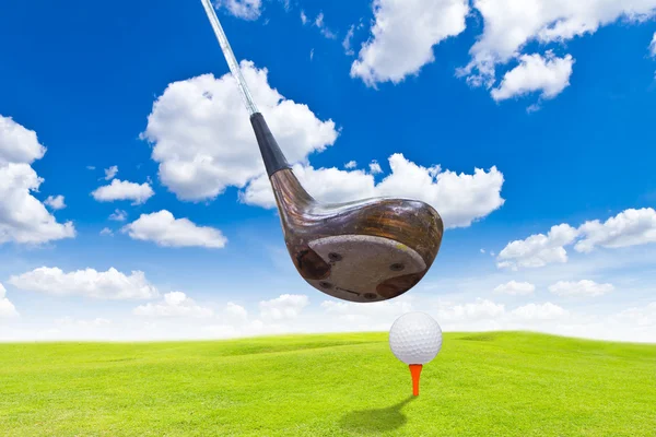 Golfový míček a řidič na zelené trávě — Stock fotografie