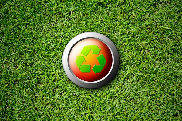 Düğme yeşil çim dokusu üzerinde geri dönüşüm — Stok fotoğraf