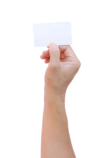 Ręka trzyma nazwę karty na białym tle ze ścieżką przycinającą — Zdjęcie stockowe