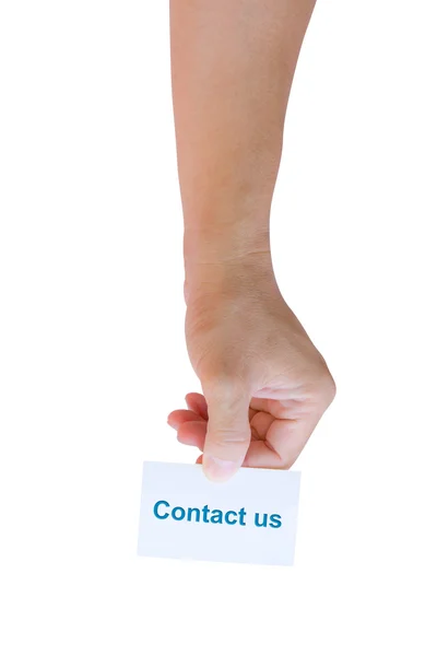 stock image Hand holding contact us card isolated with clipping path