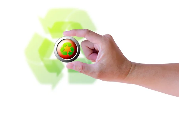 Mão segurando botão reciclar isolado — Fotografia de Stock