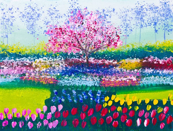 Obraz pola kwiatów tulipanów i drzewo — Zdjęcie stockowe