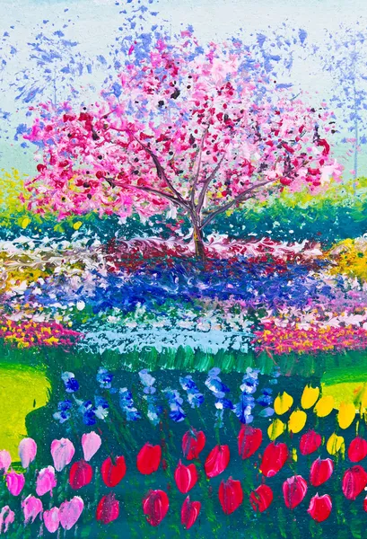 Pintura de campo de flores e árvore — Fotografia de Stock