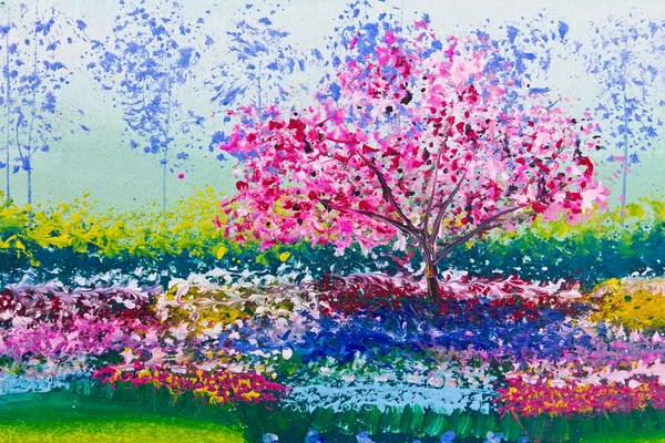 Målning av blommor fält och träd — Stockfoto