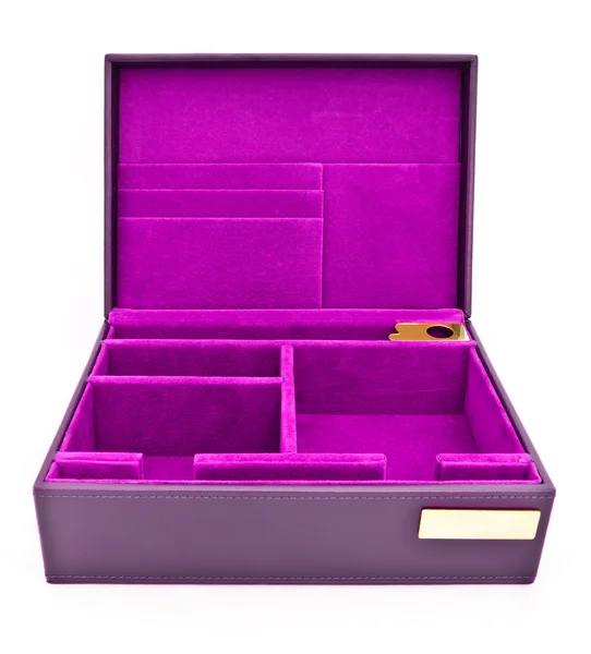 Fialová kožená krabice izolovaných na bílém pozadí — Stock fotografie
