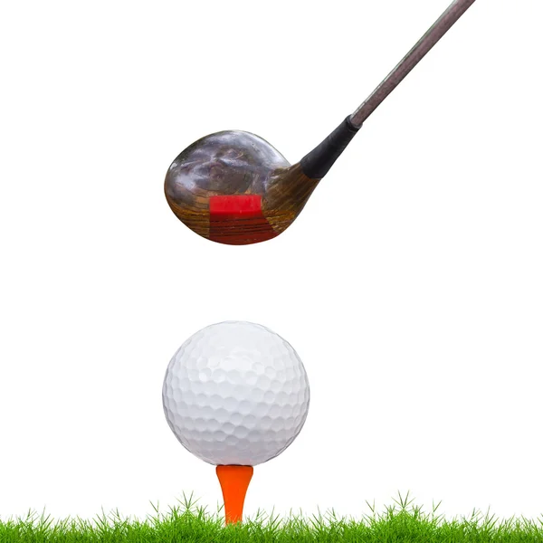 Golf ball and driver on green grass — Stock Photo, Image