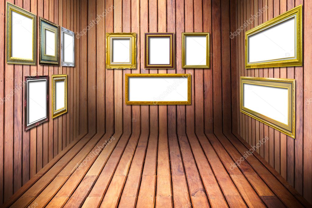 Golden wood frame in wooden room