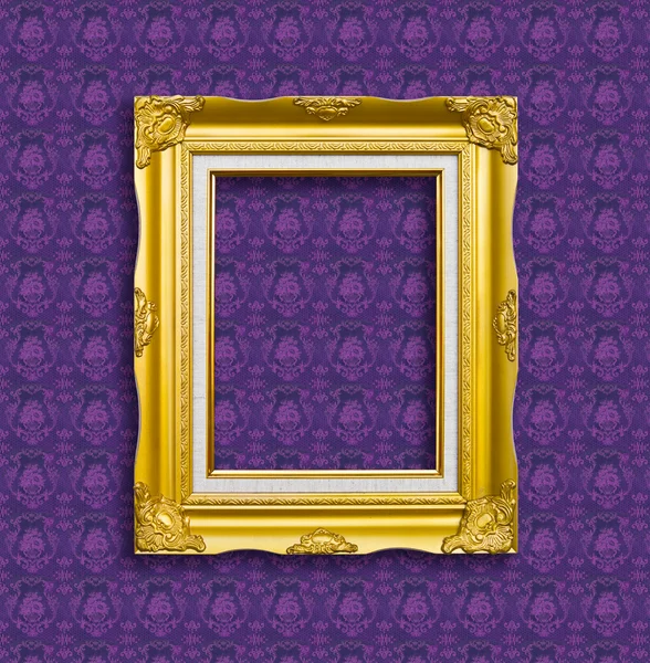 Frame of golden wood on the wallpaper — Stock Photo, Image