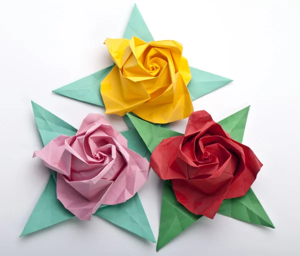 Drie origami rozen Rechtenvrije Stockafbeeldingen