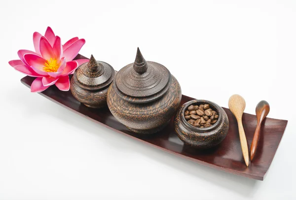 Thai wooden bowl set in wooden long tray — Stock Photo, Image