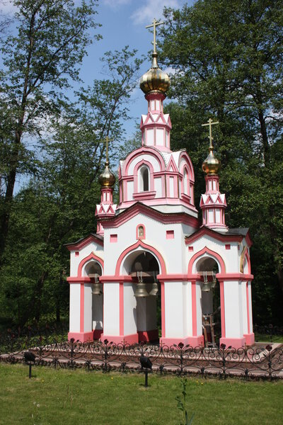 Russia, Moscow region, Talezh. Belfry in the holy source.