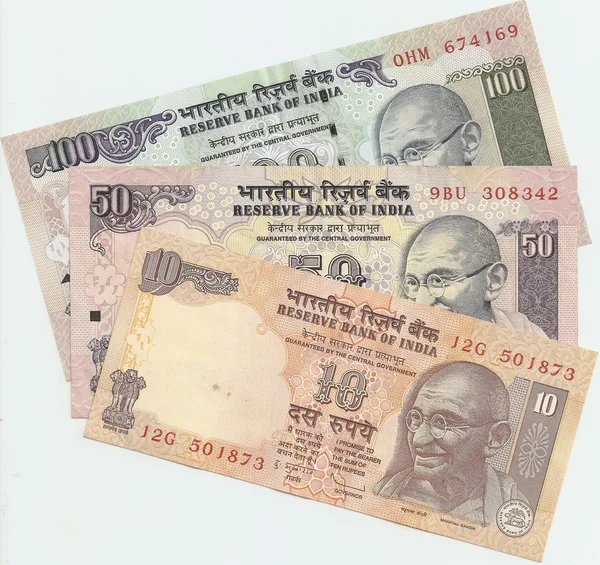 Indische Banknoten - 10, 50 und 100 indische Rupien, die Stichprobe im Jahr 2010, die — Stockfoto