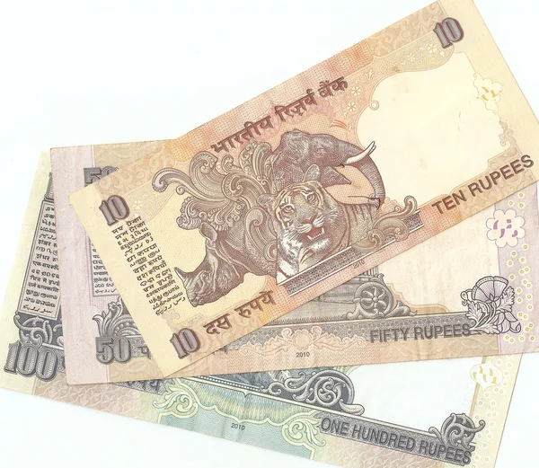 Indian banknotes - 10, 50 and 100 Indian rupees, the sample in 2010, the fl — Stock Photo, Image