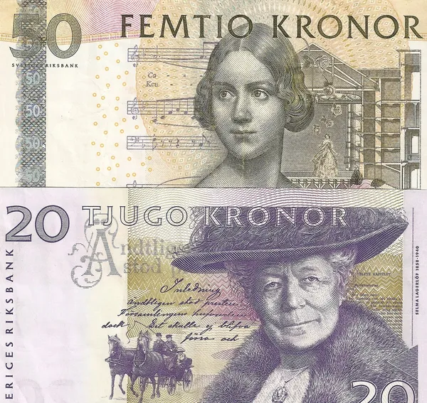 Fragment szwedzkich pieniądze - 20 i 50 sek. stronie przedniej. — Zdjęcie stockowe