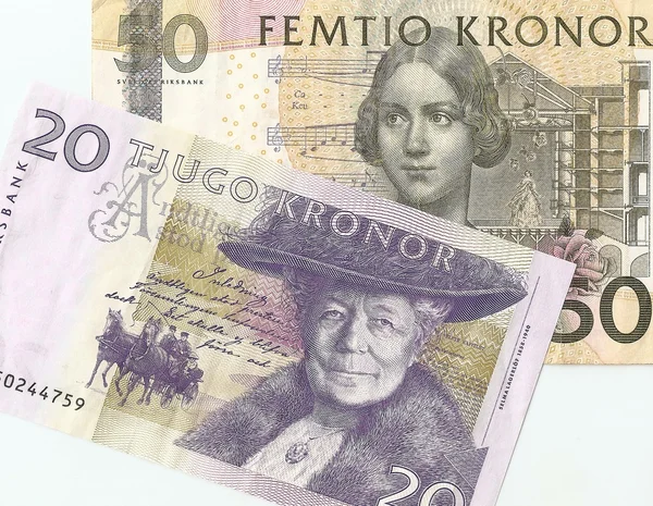 Fragment svenska pengar - 20 och 50 kronor. framsidan. — Stockfoto