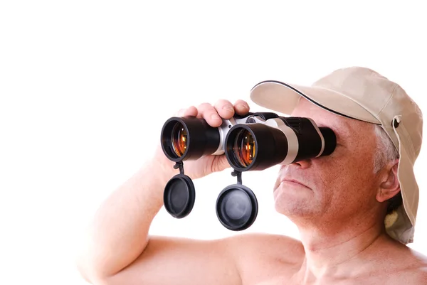Safari muž hledá prostřednictvím jeho dalekohled — Stock fotografie