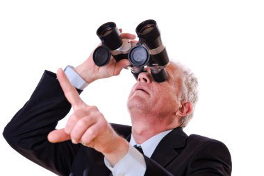 Business man looking upwards through binoculars clipart