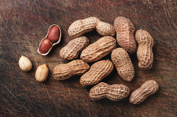 Peanuts on wood.