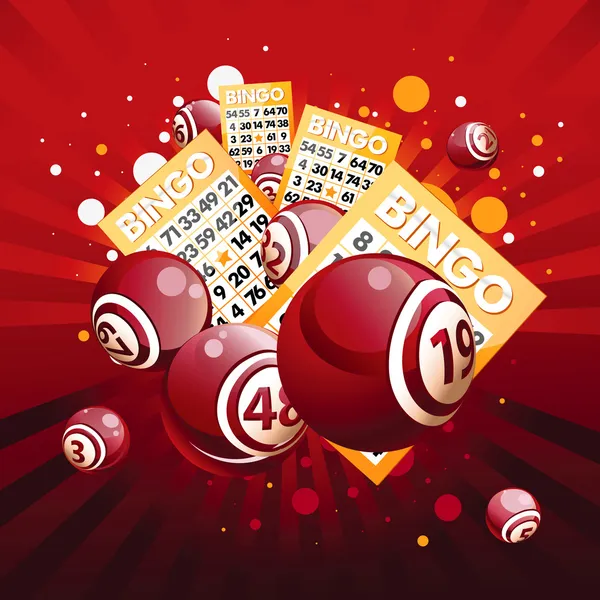 Bingo nebo loterie míče a karty na červeném pozadí — Stockový vektor