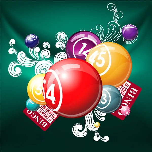 Bingo ou bolas de loteria e cartões no fundo verde — Vetor de Stock