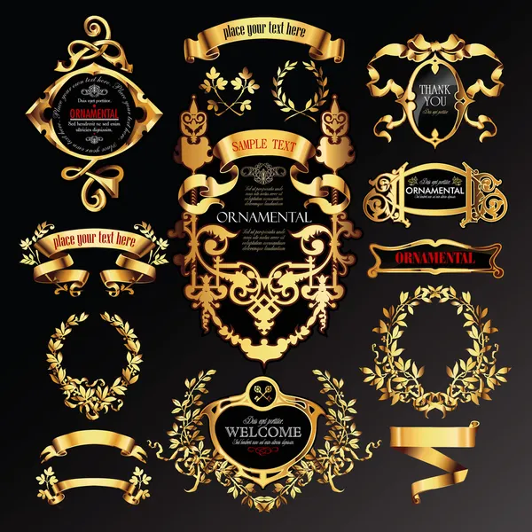 Vector set of labels with gold elements. — Stock Vector