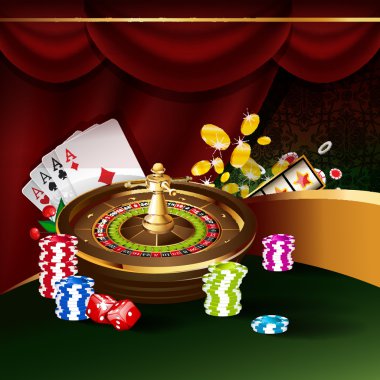 Roulette wheel with playing cards and poker chips clipart