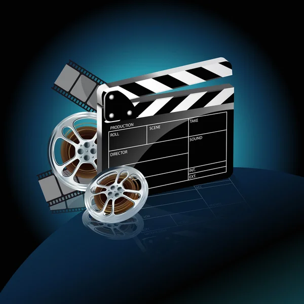 Videokassette mit Kinoklöppel und Filmstreifen auf blauem Backgr — Stockvektor