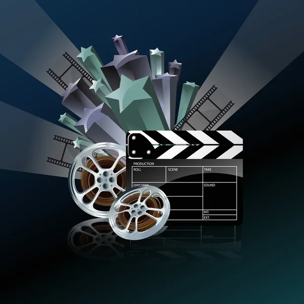 Ruban vidéo avec clapet de cinéma et bande de film sur fond bleu — Image vectorielle