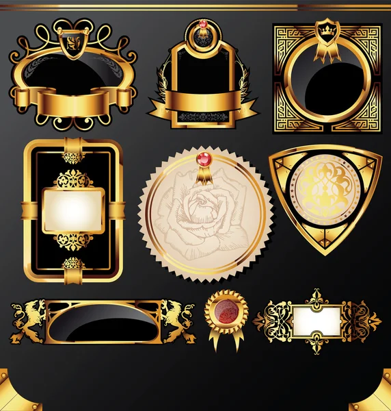 Золотые этикетки на черном фоне — стоковый вектор
