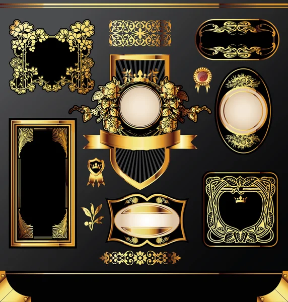Золотые этикетки на черном фоне — стоковый вектор