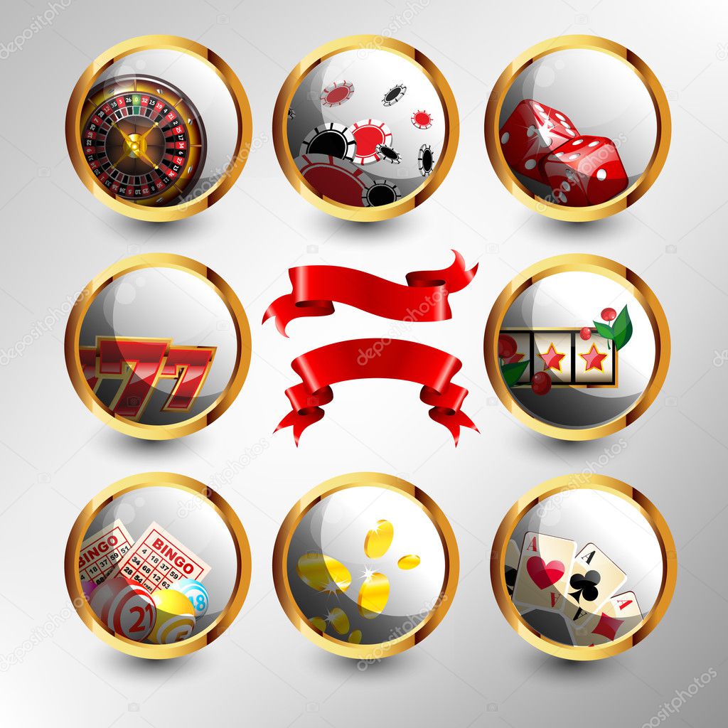 Set of casino`s icons with red banners