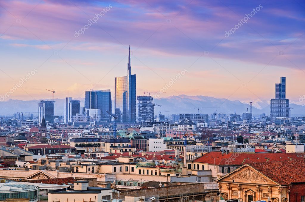 Milan skyline at sunset. Large panoramic view of Milano city