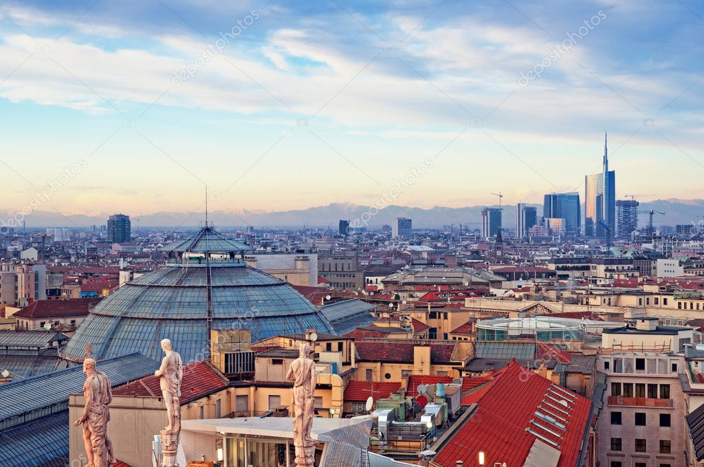 Milan skyline from “Duomo di Milano”. Italy.
