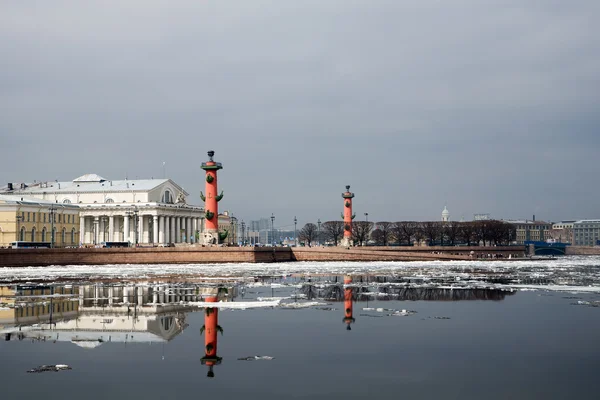 View of the Spit of Vasilevsky Island. Rostral Columns. Drifting — Stock Photo, Image