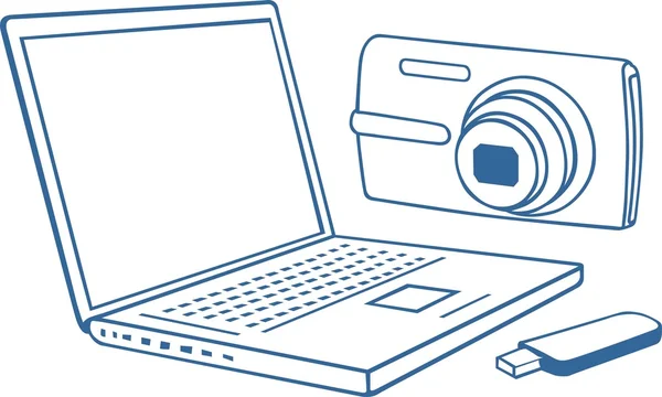 Laptop, photo camera, usb flash drive - Stok Vektor